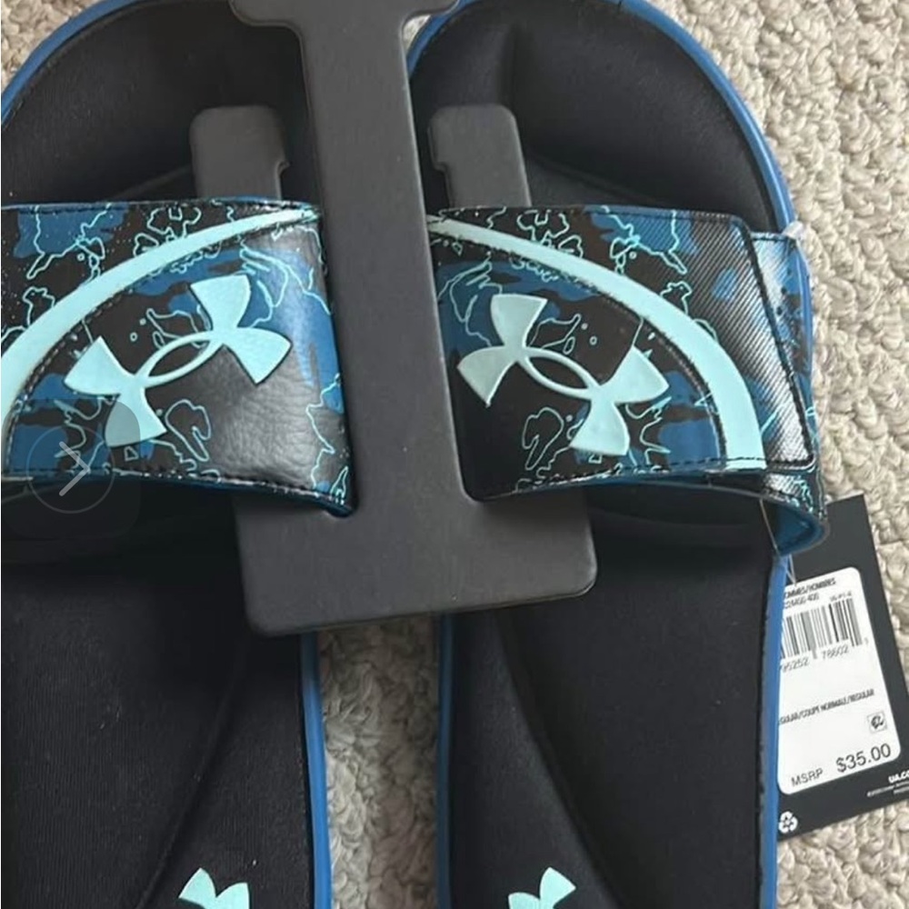 Under Armour Men’s  Slide Sandals - Black and Blue Pattern